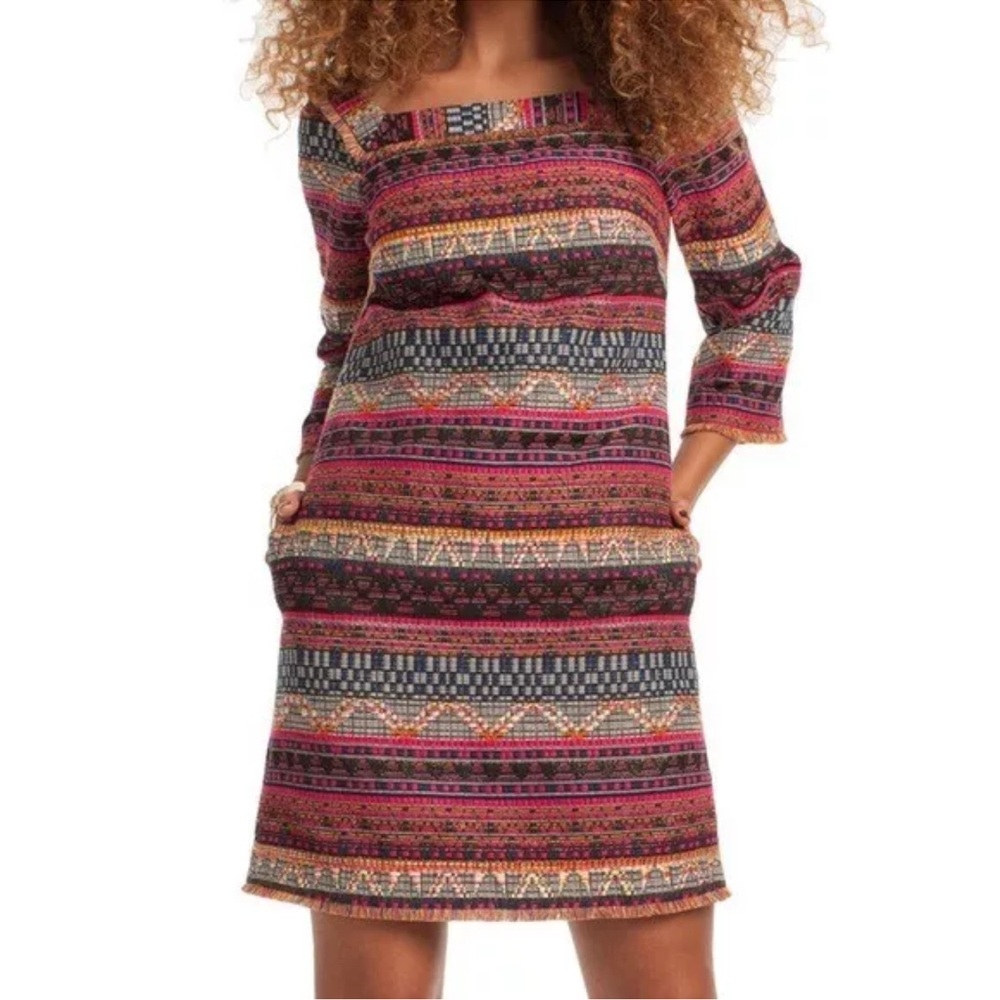 Trina Turk Layke Multi-Color Fringe Designer Dress Square Neck 3/4 Sleeves 2